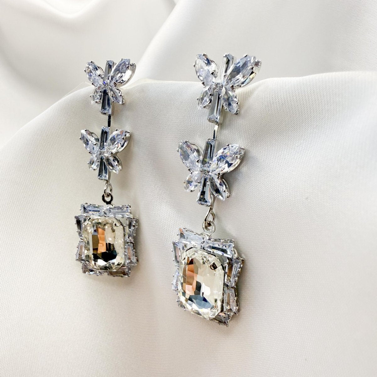Crystal Butterfly & Cushion Cut Drop Earring - Inara Jewellery