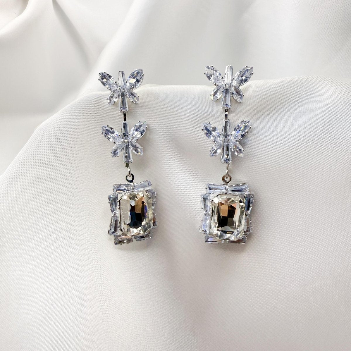 Crystal Butterfly & Cushion Cut Drop Earring - Inara Jewellery