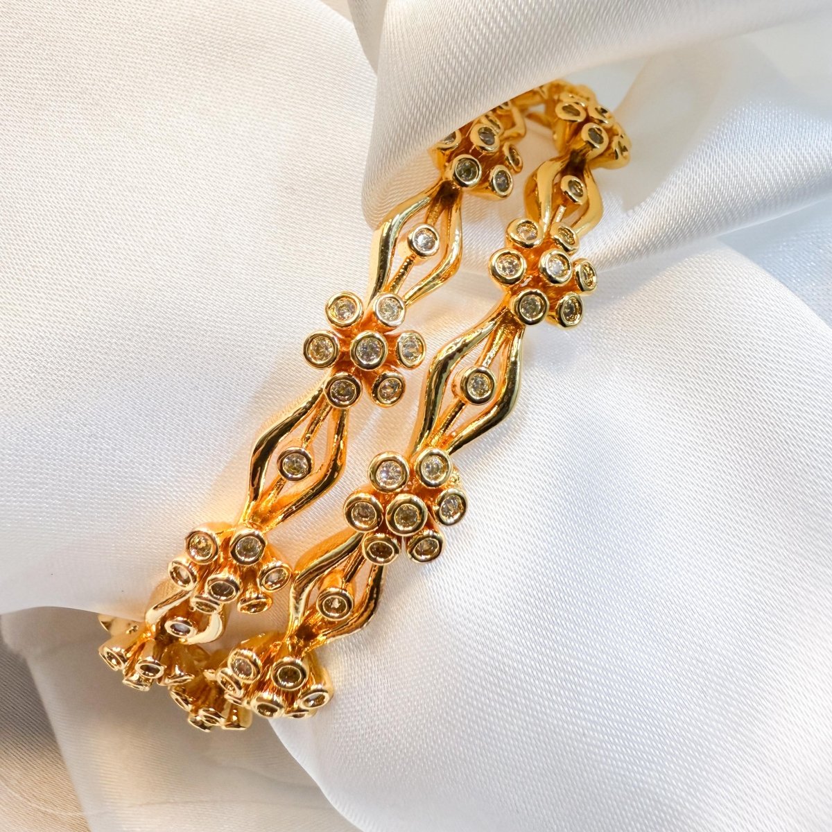 Elegant Floral Diamond - Cut Gold Bangles - Inara Jewellery