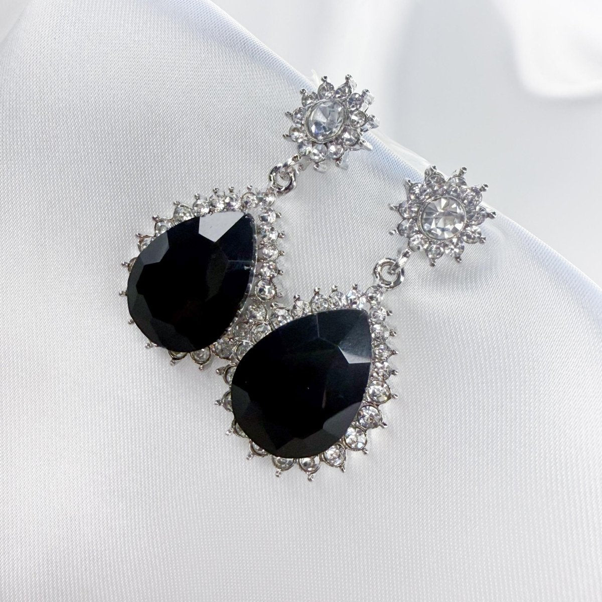 Jet Black Crystal Silver Tone Drop Pierced - Inara Jewellery
