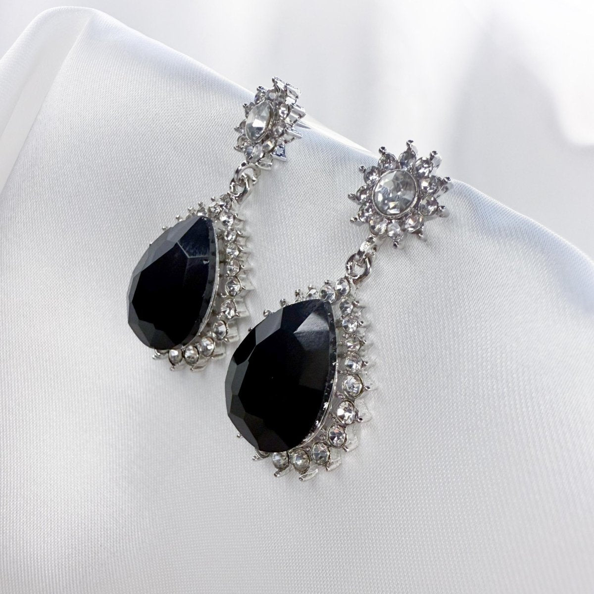 Jet Black Crystal Silver Tone Drop Pierced - Inara Jewellery