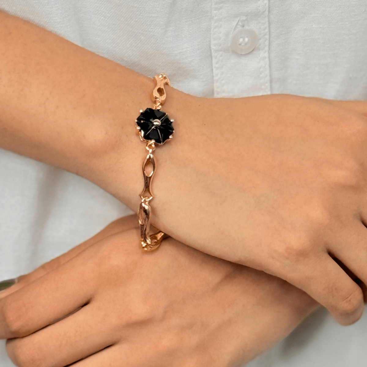 Obsidian Bracelet with Chrysanthemum Motif - Inara Jewellery