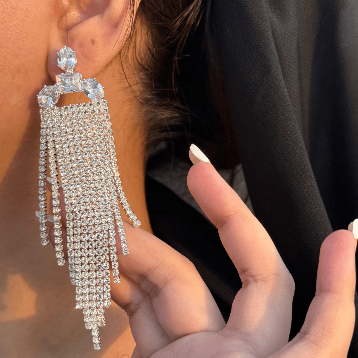 Rhinestone Tassel Drop Earrings - Inara Jewellery