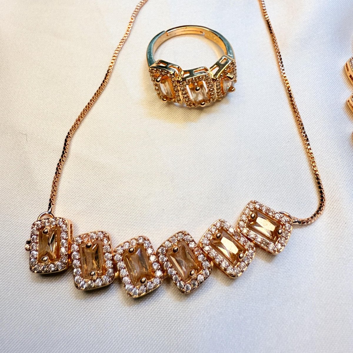 Rose Gold Floral Diamond Necklace Set - Inara Jewellery