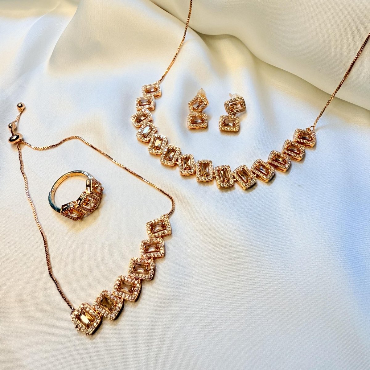Rose Gold Floral Diamond Necklace Set - Inara Jewellery