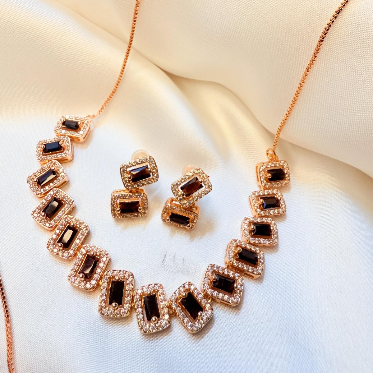 Rose Gold Floral Diamond Necklace Set - Inara Jewellery