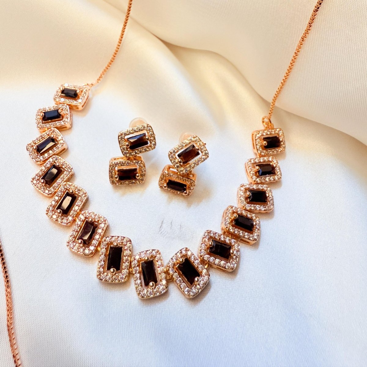 Rose Gold Floral Diamond Necklace Set - Inara Jewellery
