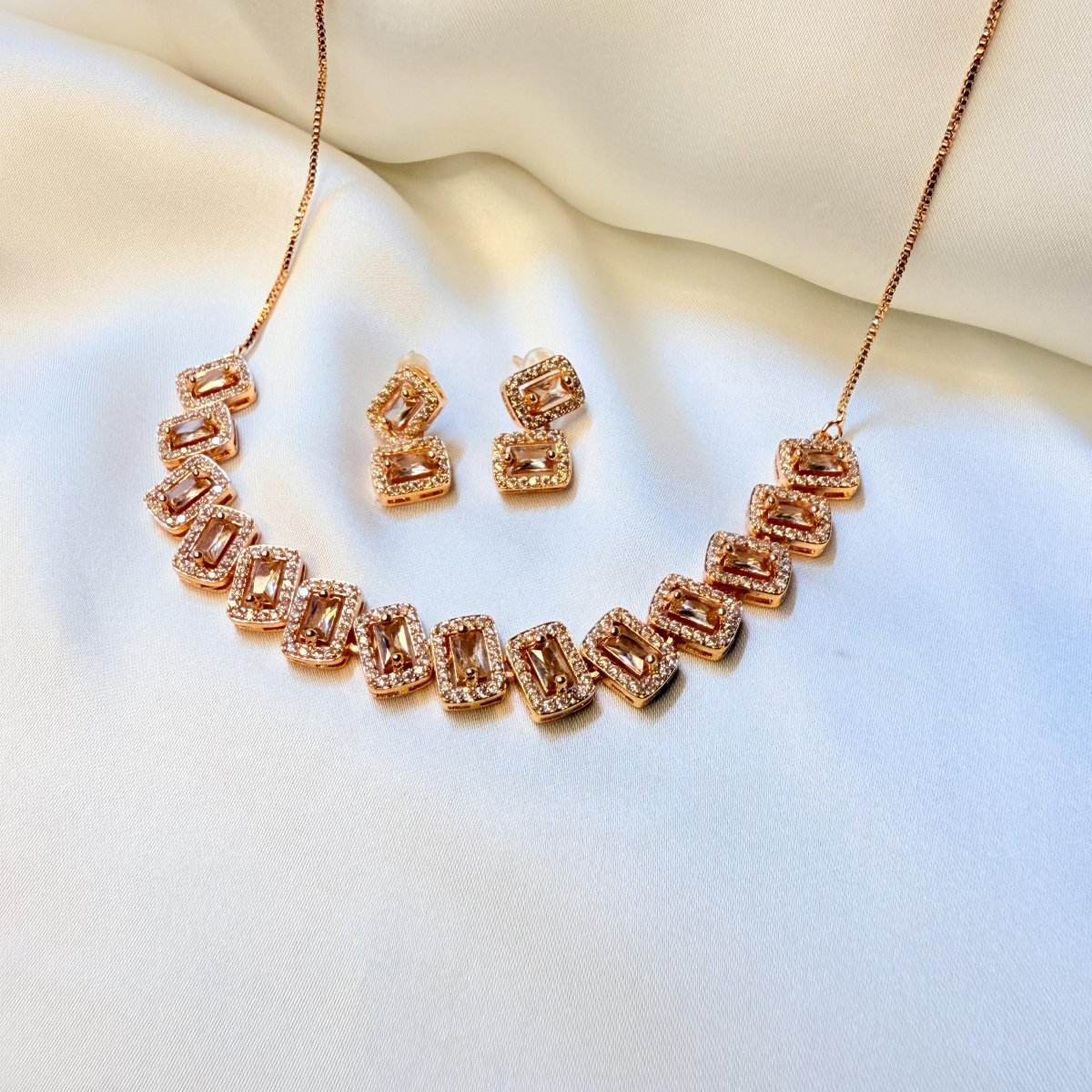Rose Gold Floral Diamond Necklace Set - Inara Jewellery