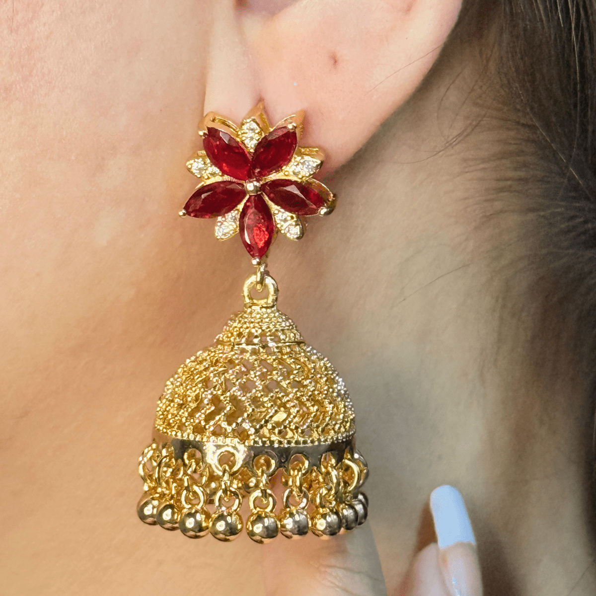 Ruby Bloom Jhumka - Inara Jewellery